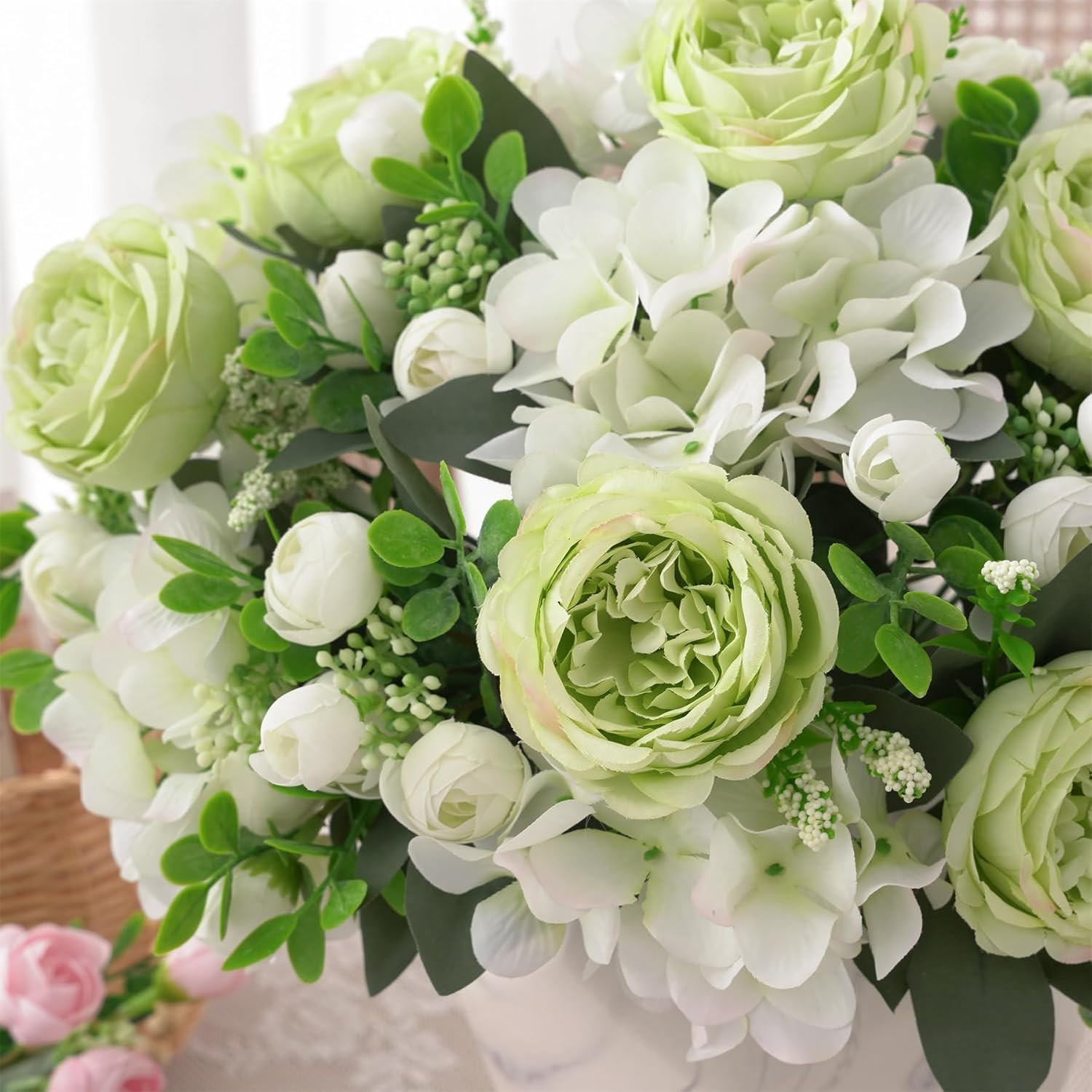 2 Bunches Green Peony Artificial Flowers for Decoration Faux Rose Fake Bouquet S