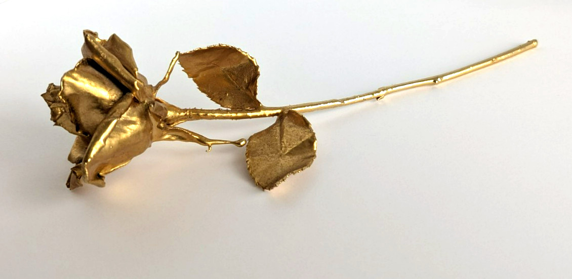 Golden Rose Figurine Real Preserved Rose Metallic Gold Dipped Decoration 11.1/8″