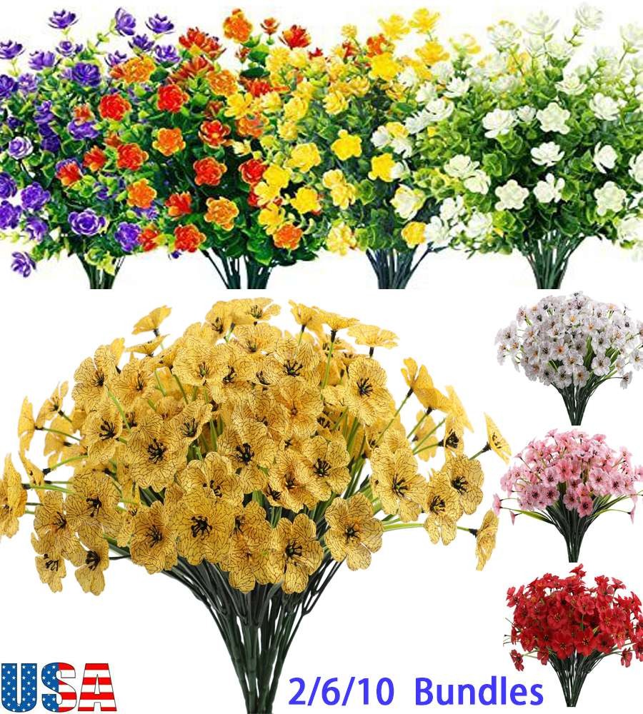 2-10 Bundle Artificial Flower Plastic Fake Outdoor Plant Faux UV Resistant Decor