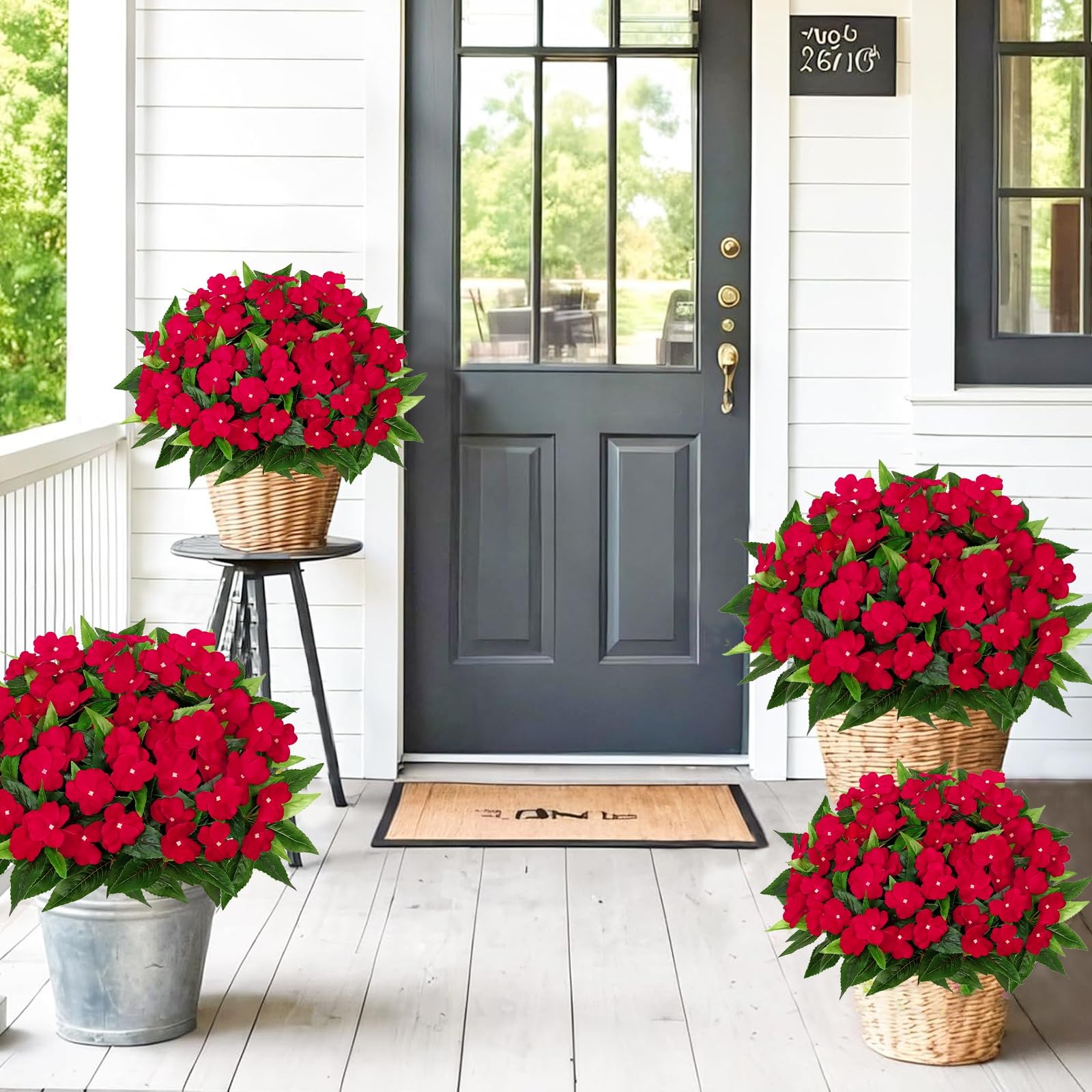 KHOYIME Artificial Flowers for Outdoors 3PCS Red Fake Impatiens Flower Bouque…