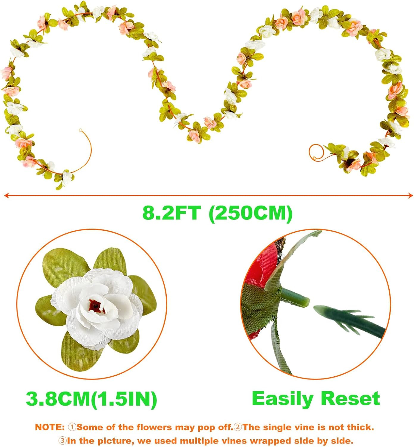 Guirnalda de Rosas Artificiales 8 Pcs x 8.2 ft Flores de Seda Boda Jardin Decora