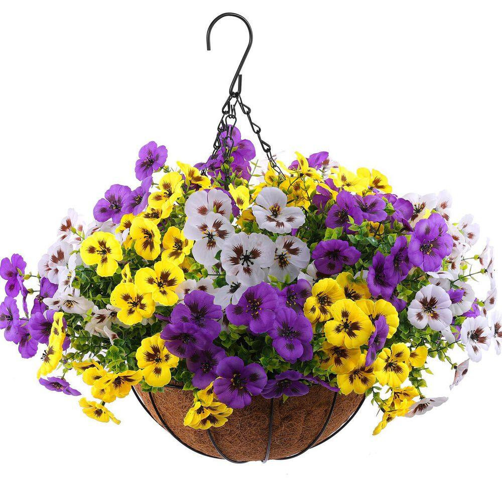 8 In. Purple Yellow White Indoor/Outdoor Artificial Pansy Flower-Uv Resistant Fa