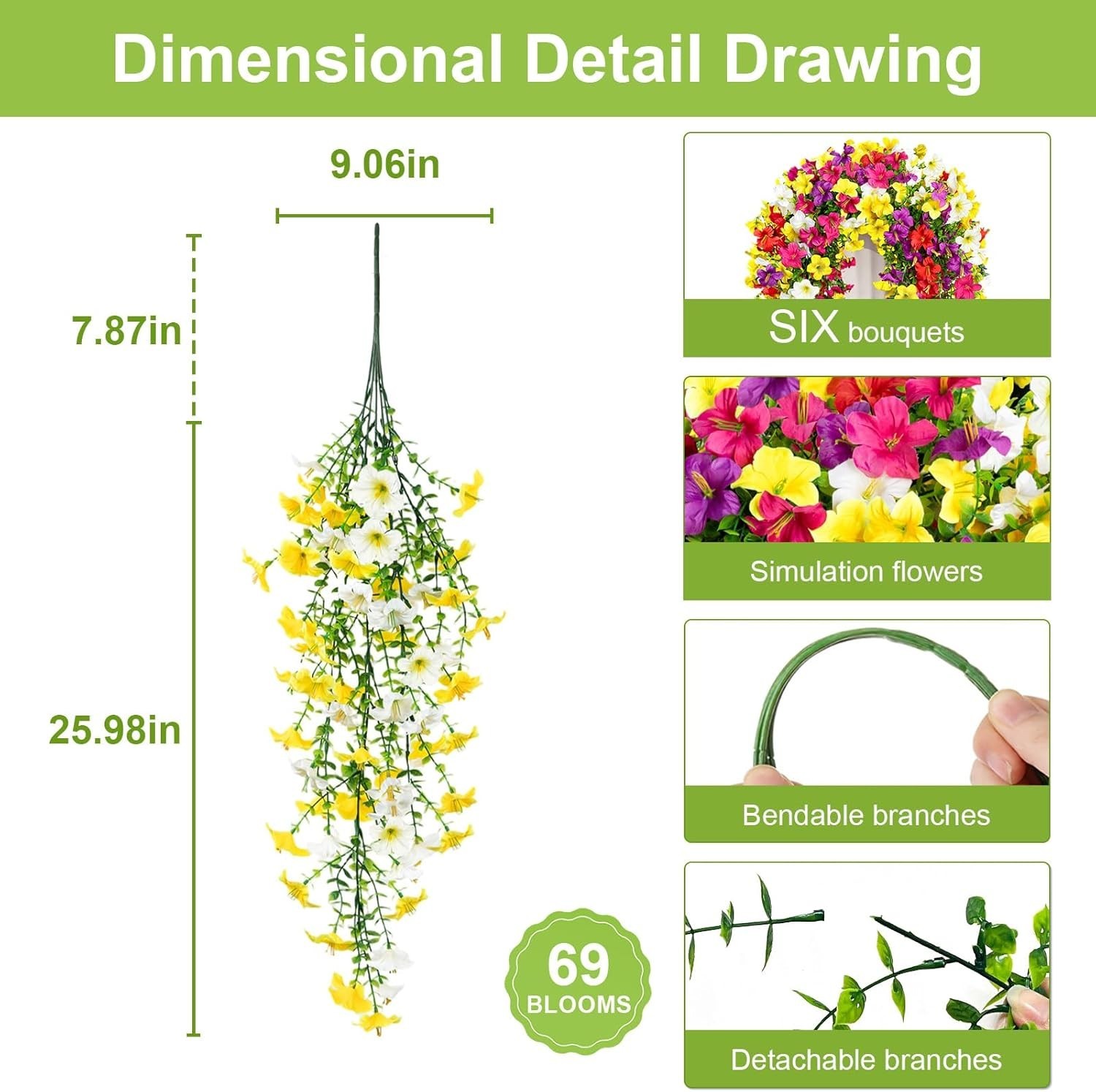Artificial Hanging Flowers for Outdoors, 6 PCS 414 Blooms UV Resistant Faux S…