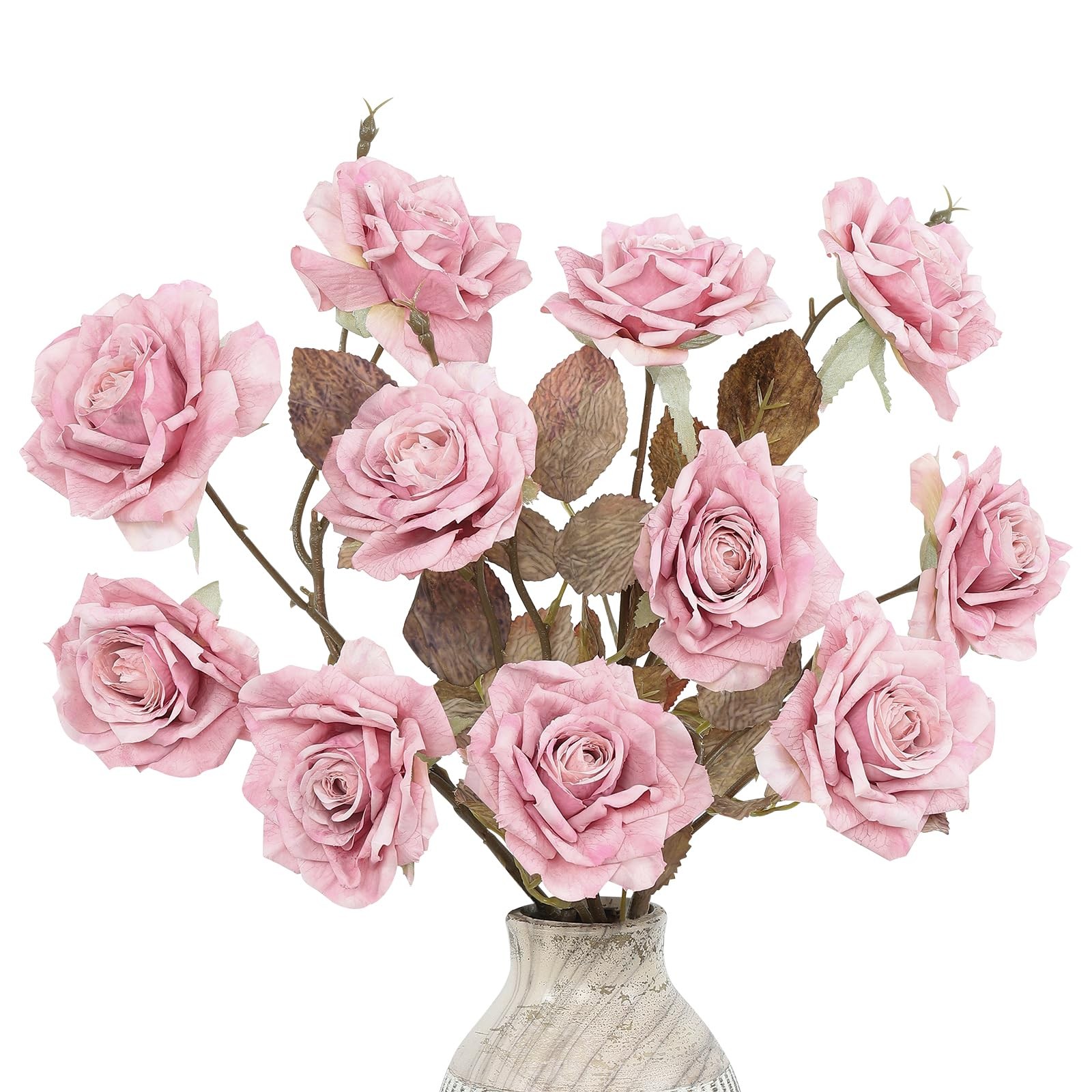 12 Blooms Pink Roses Artificial Flowers, 4Pcs Vintage Faux Roses with 27.5” L…