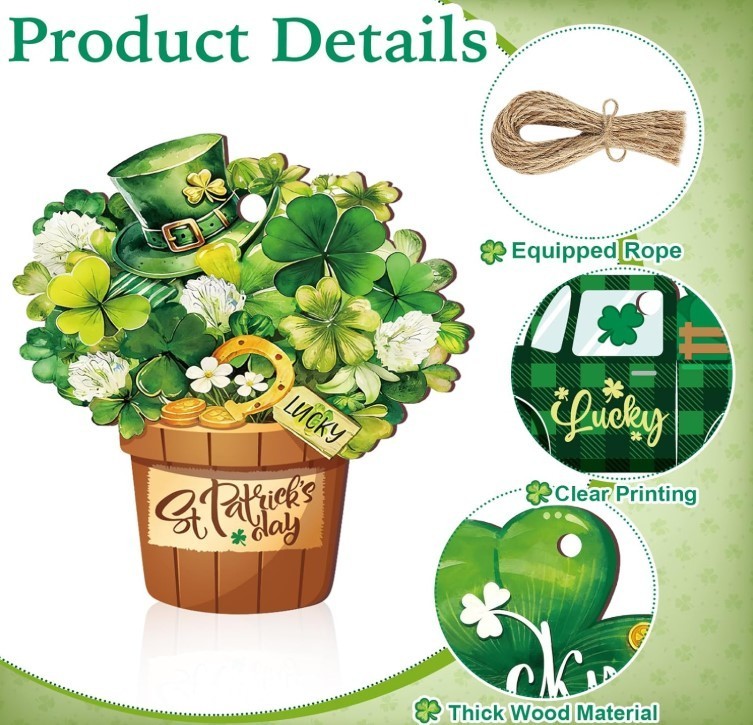 24 Pcs St Patricks Day Ornaments for Tree Wooden Shamrock Tree Large Green