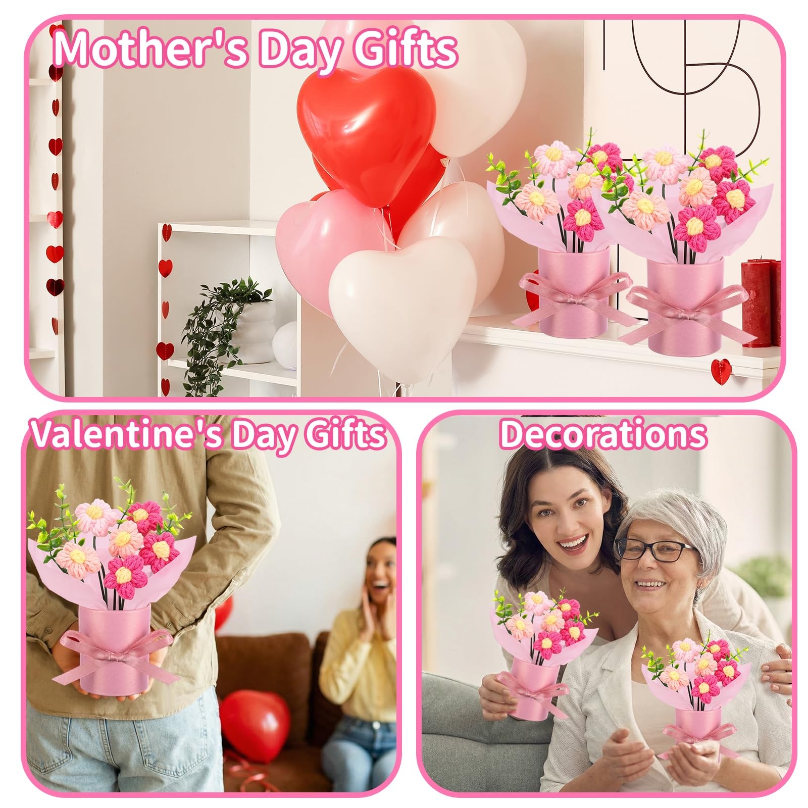 6 Sets Pink Mini Crochet Puff Flowers Potted Plants 4.7×5.9 Inch Gift Decor
