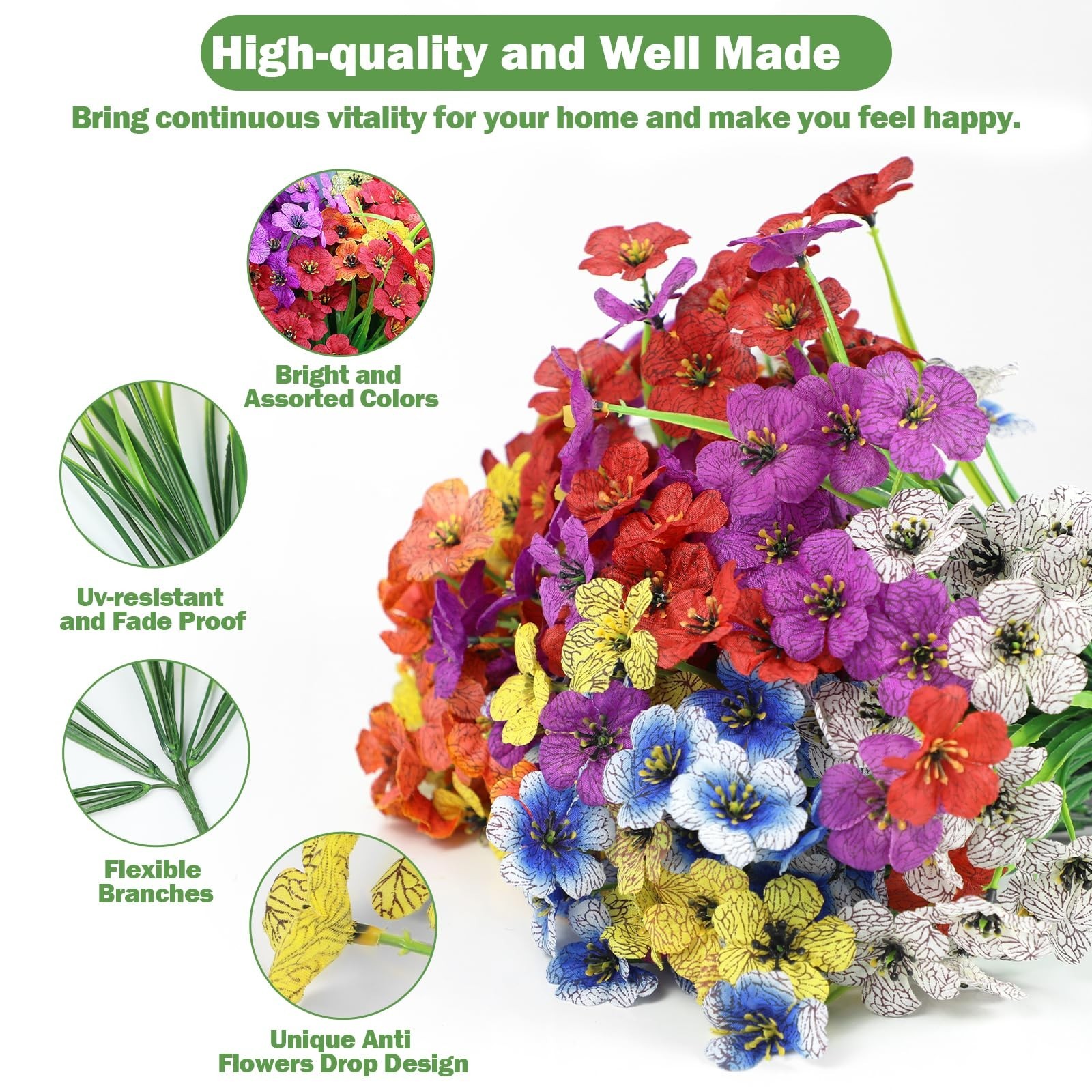 24 Bundles UV-Resistant Fake Outdoor Flowers – Realistic Plastic Faux Plants for