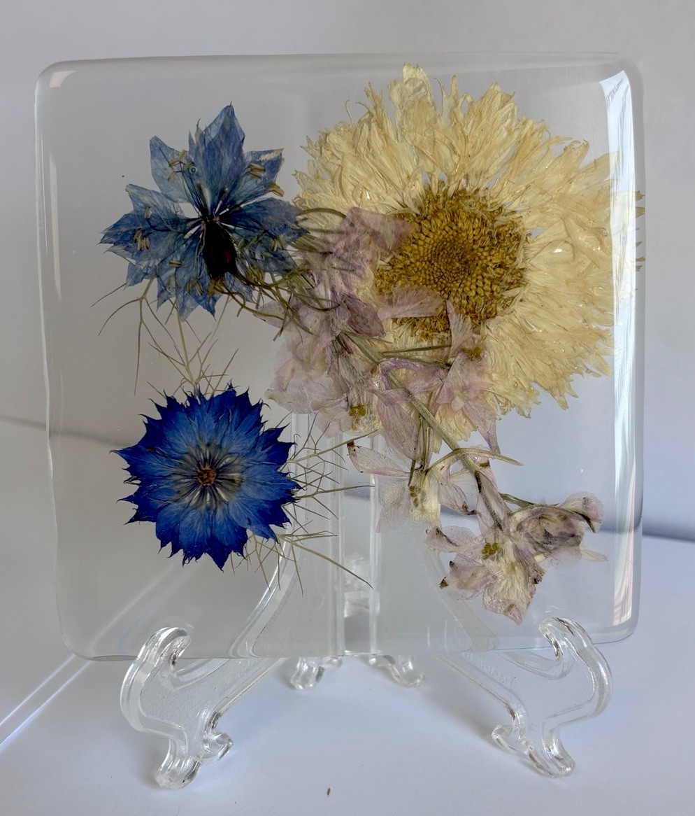 Pressed Flower Resin Block Art Blue Floral Desk Display Decor 3.5 X 3.5 Boho