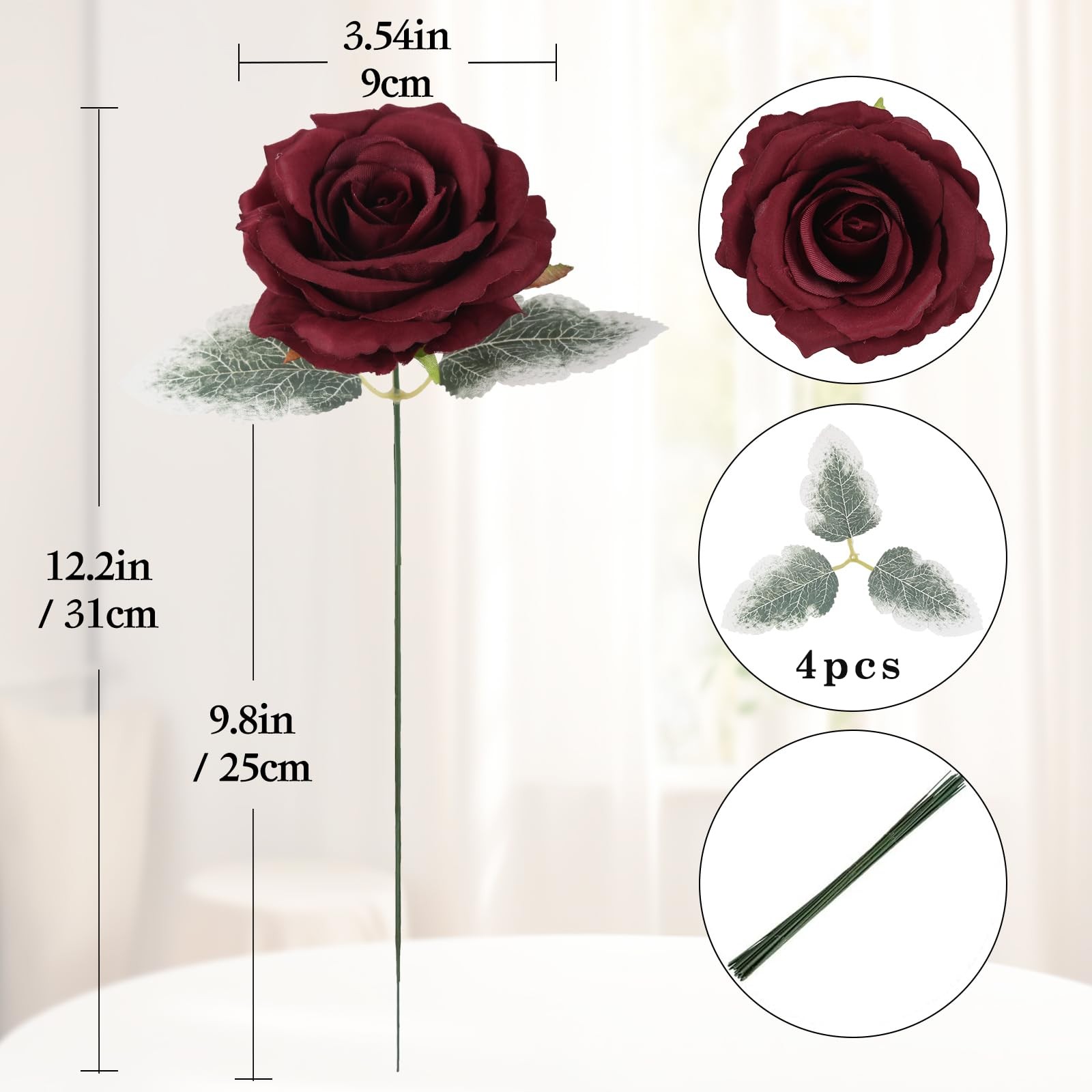 16 PCS 3.54 Inch Burgundy Artificial Silk Velvet Roses Bridal Bouquets Decor