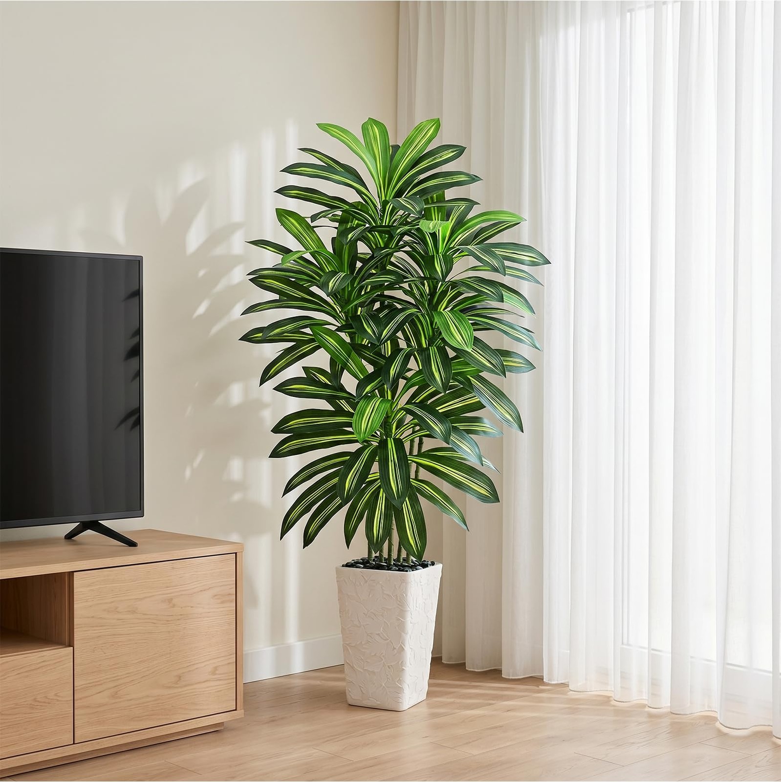 Zyfera Artificial Dracaena Tree 5FT – Fake Tree with White Tall Planter – Art…