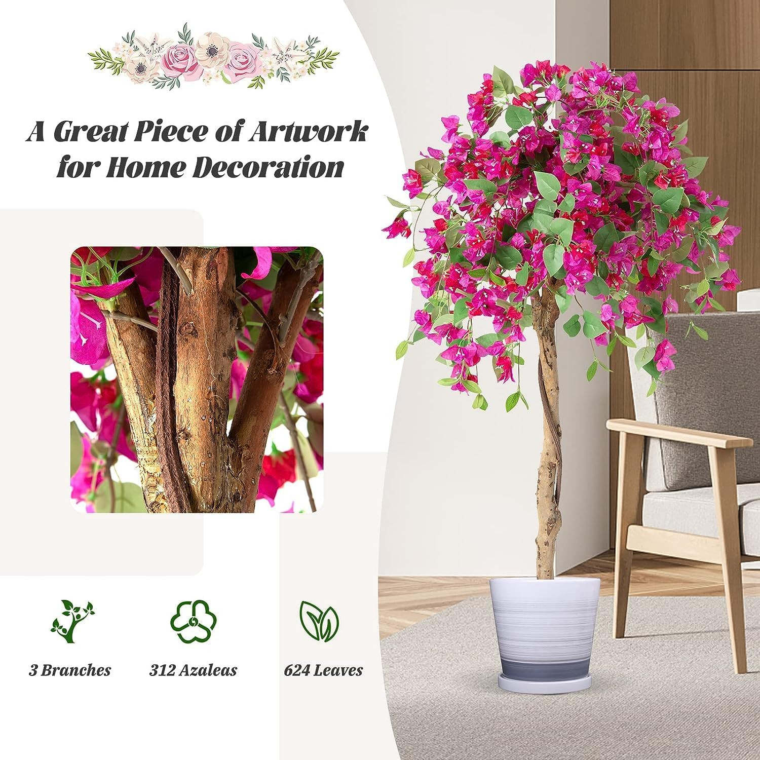 4.5FT Bougainvillea Artificial Tree, Tall Fake Floor Plant for Indoor Outdoor Dé