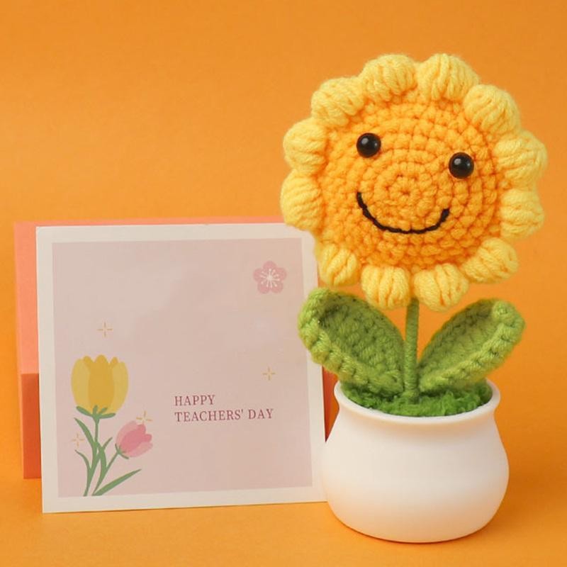 Crochet Sunflower Pot Artificial Knitted Flower Handmade Gift Wedding Decor