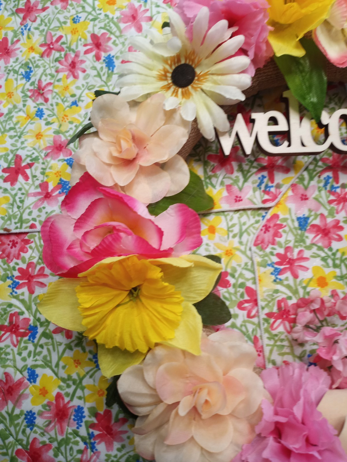 Homemade 14″ Artifical flower Spring Summer Welcome Floral Burlap Door Wreath