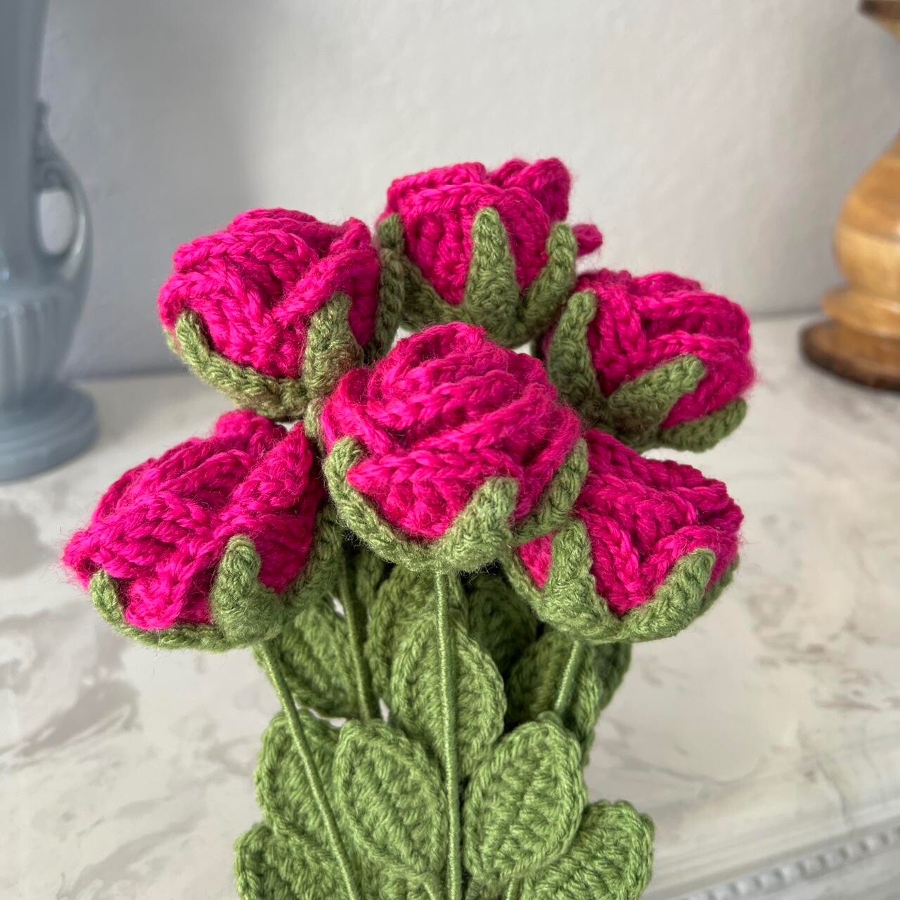 Handmade Crochet Knitted Hot Pink Fuchsia Half Dozen Rose Flower Bouquet 6 Stems