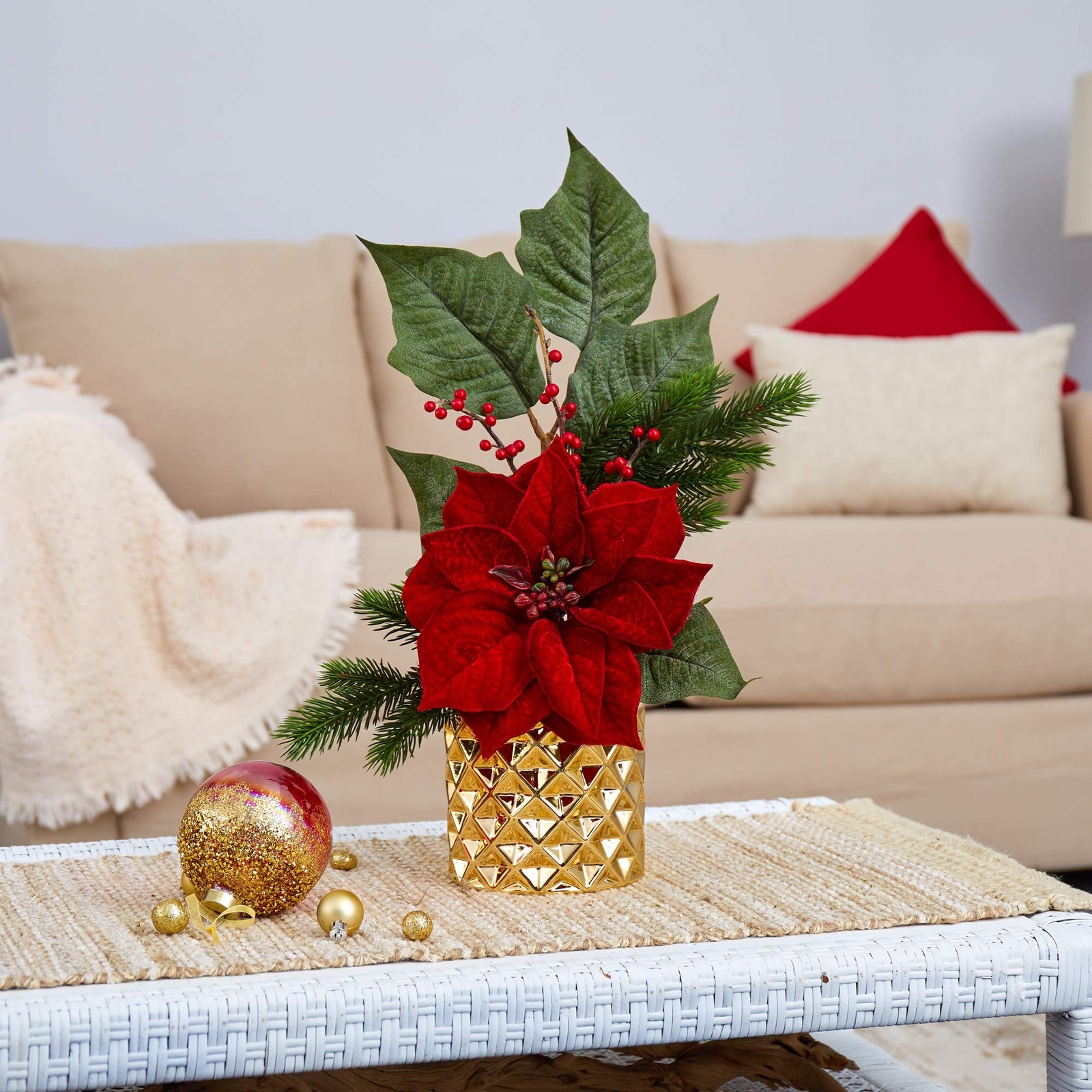 Nearly Natural 21in Poinsettia Berries Pine Artificial Arrangement Gold Vase