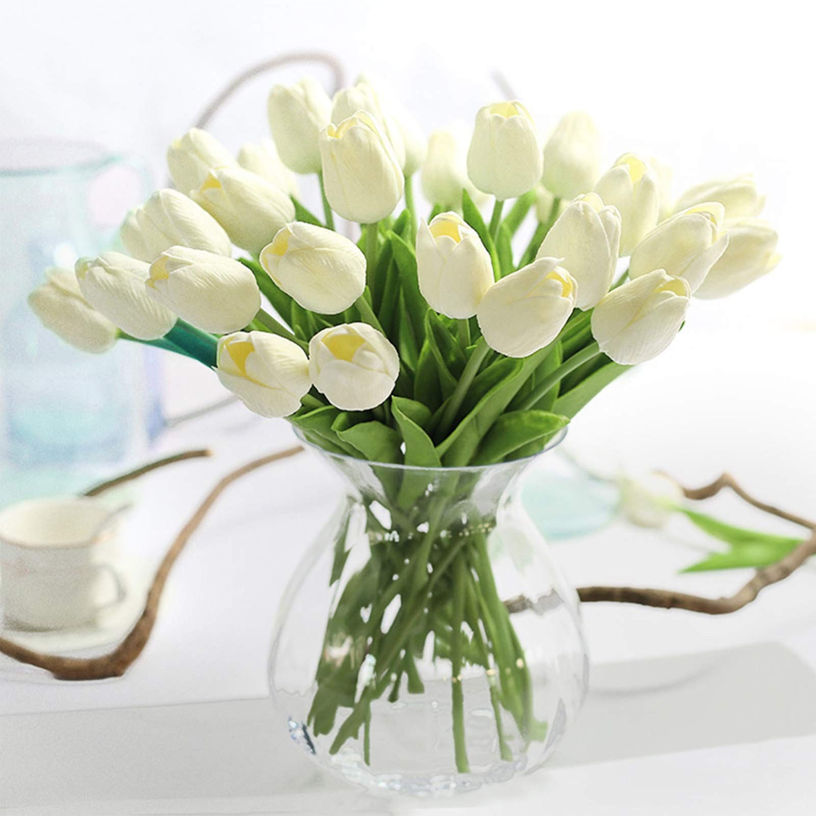 Artificial Flowers 30pcs 14″ Tall Faux Tulips, White PU Fake Tulips Flowers f…