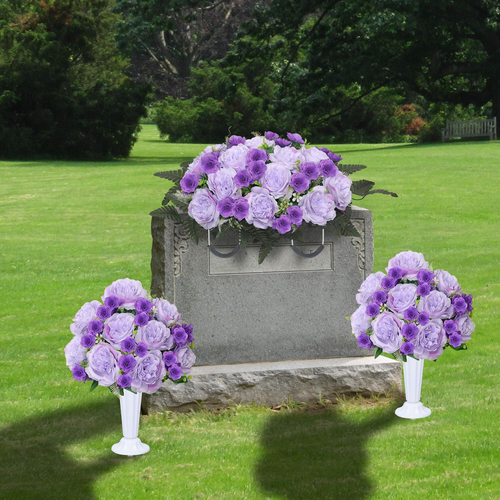Grave Decorations for Cemetery Headstone Flower Saddle 2PC Artificial Peony F