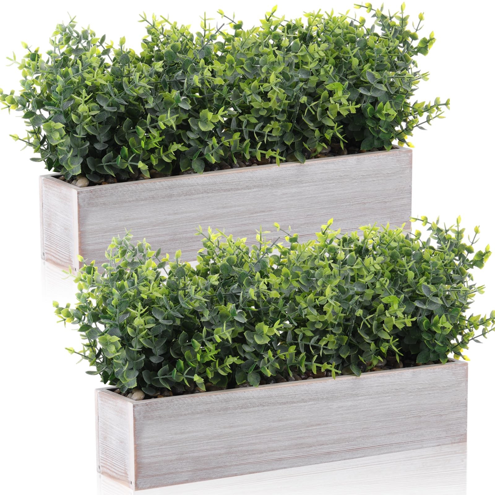 2 Pack Artificial Eucalyptus Plant in Rustic Rectangular Wooden Planter Box G…