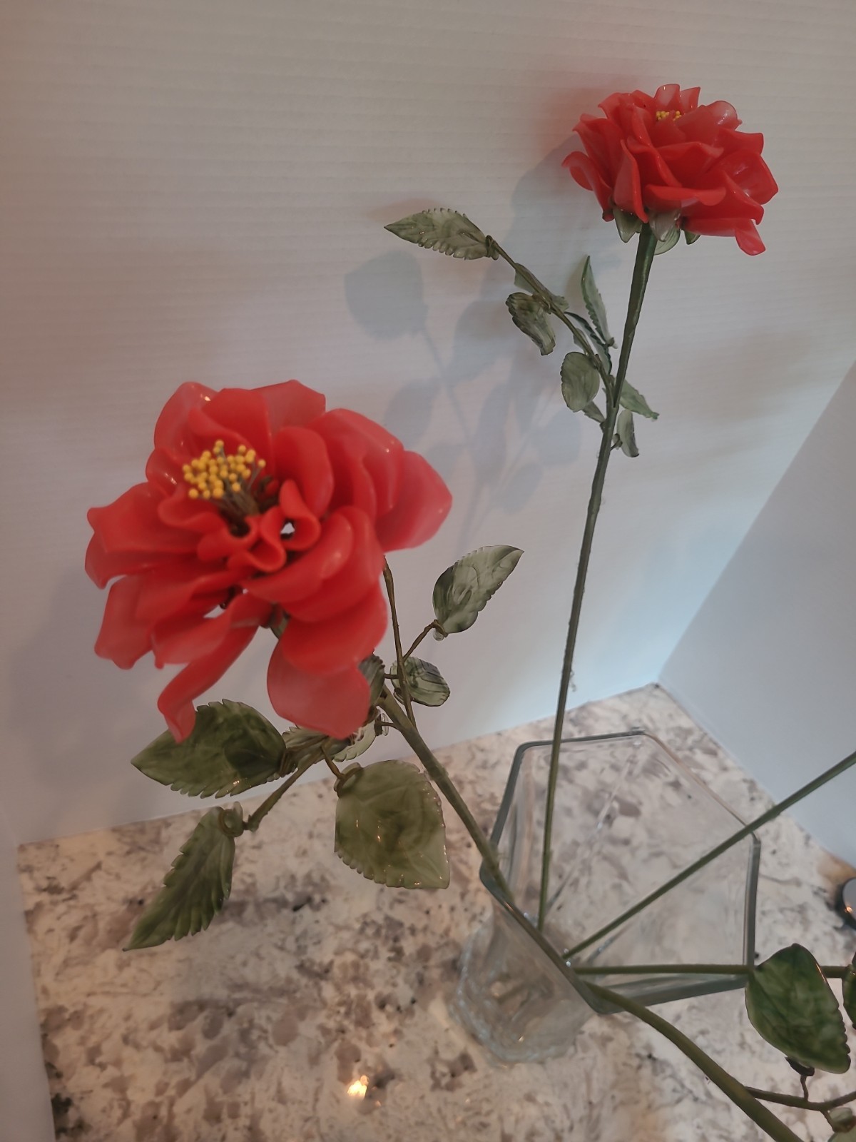 5 Vintage Porcelain Flowers With Plastic Stems Red Orange 25″ Long Stem