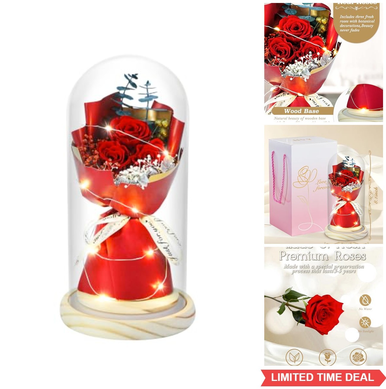 Preserved Rose Bouquet Glass Dome LED Real Flowers Gift for Her Mothers Day
