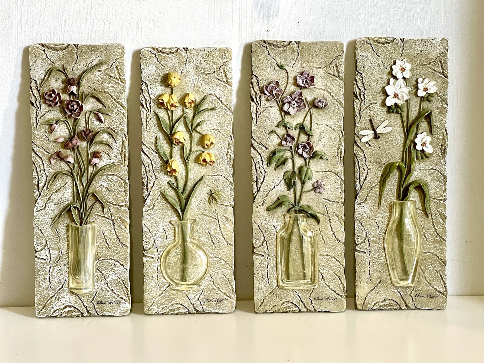 4 Cheri Blum Floral Wall Art 3D Tile Plaque Long Stem Translucent Clear Vase VTG