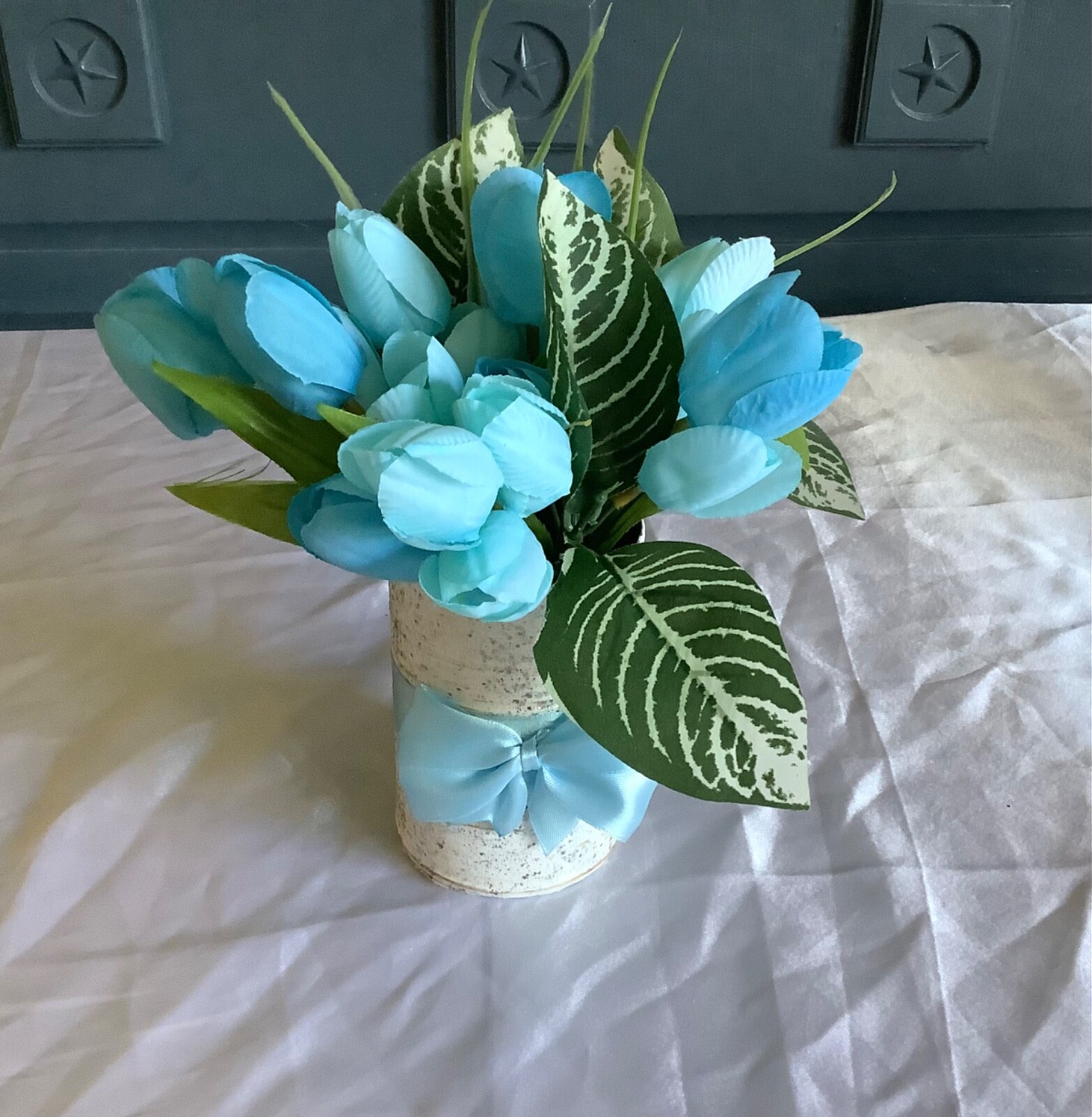 Spring/easter blue tulip centerpiece with glitter and painted upcycled tin can