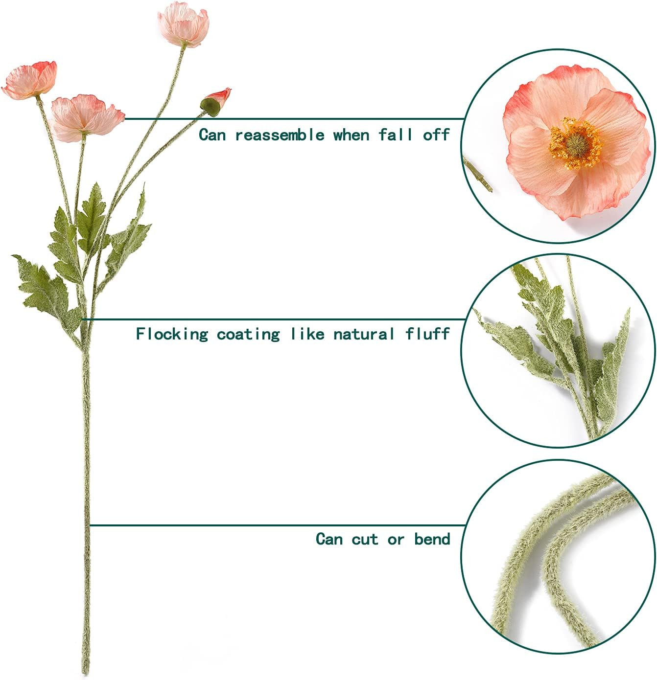 Artificial Poppy Flowers, 5 Bundles Faux Poppies with Stems for Floral Arrangeme