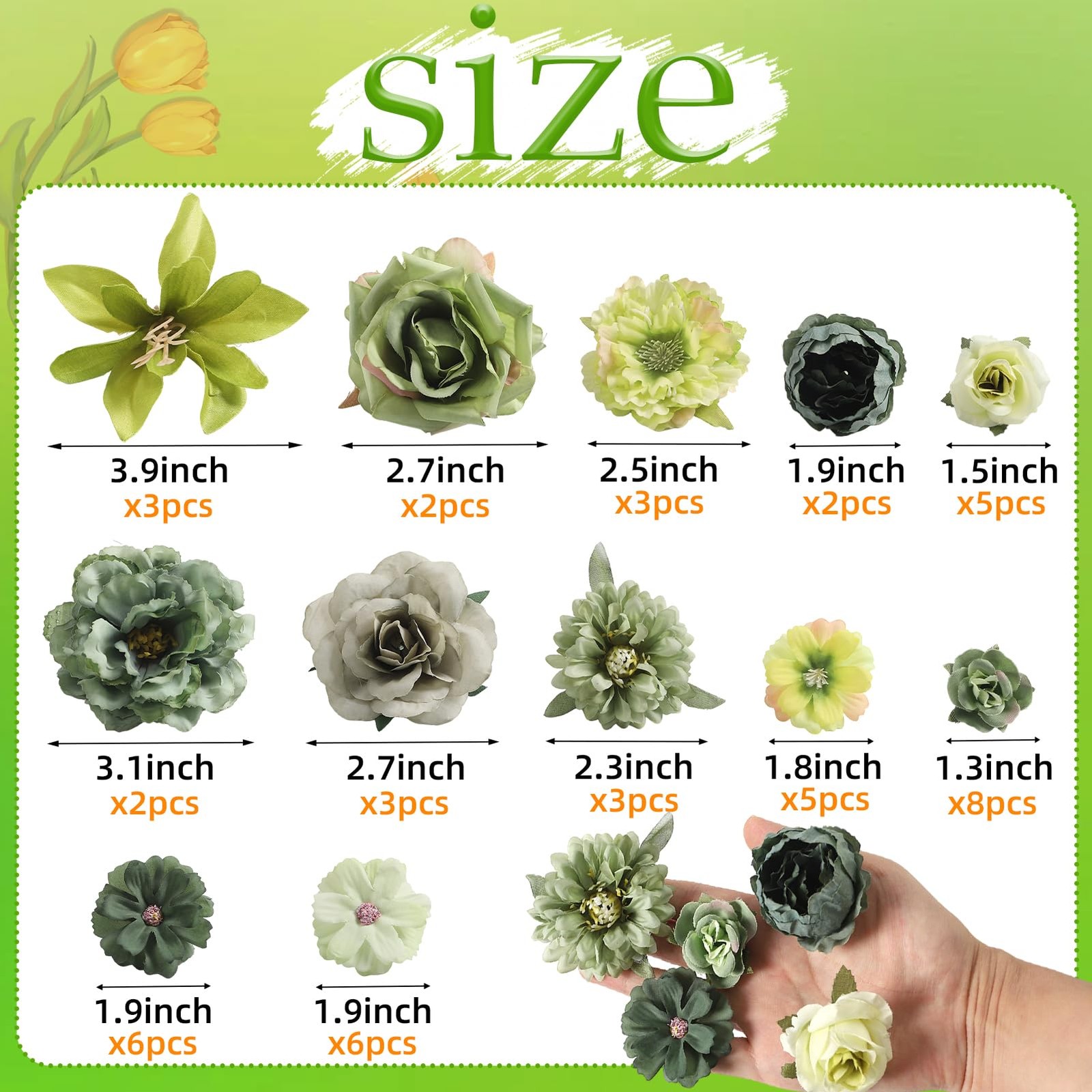 48 PCS Green Silk Artificial Fake Flower Heads Mini Rose Peony Daisy Craft