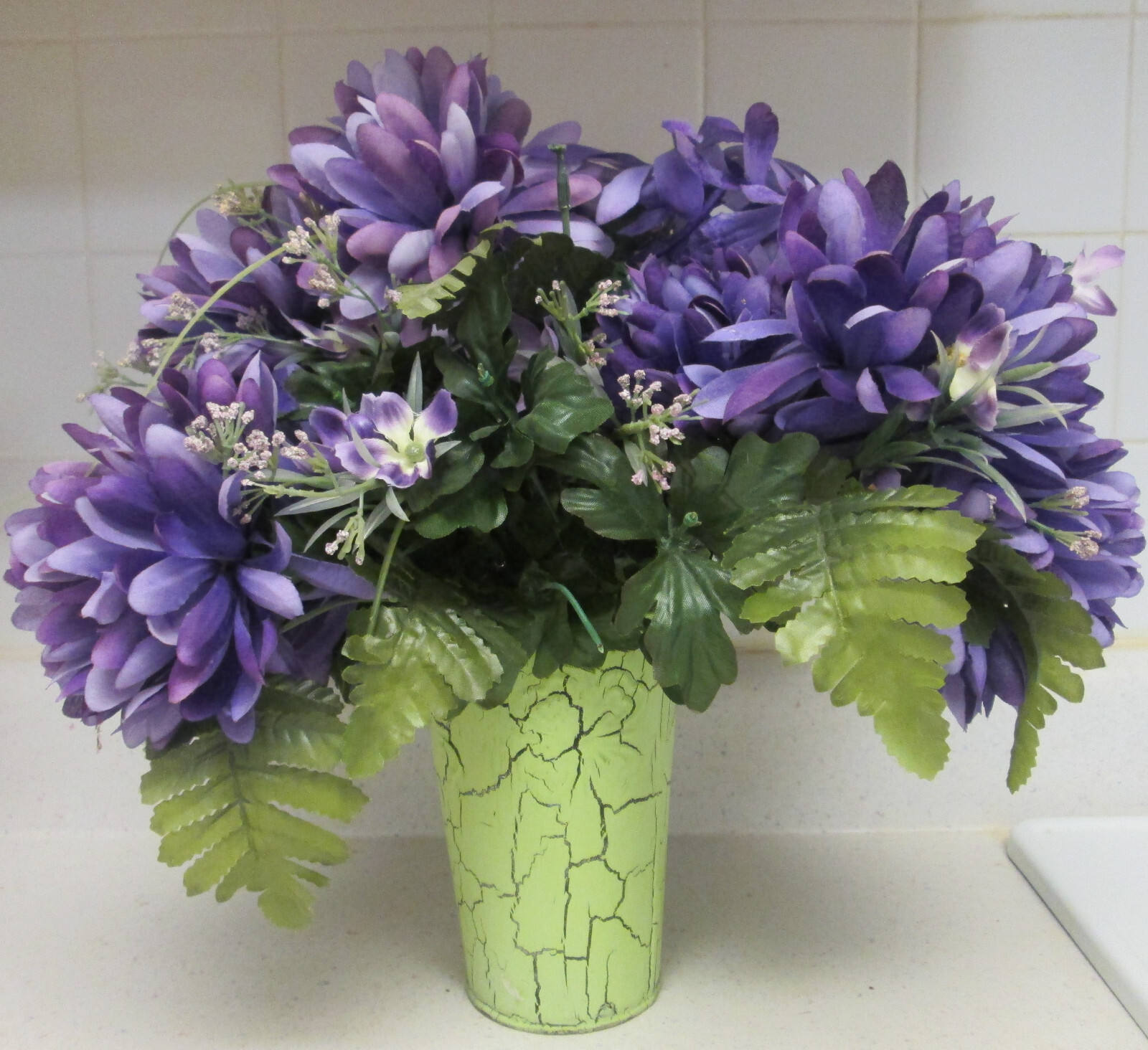 Artificial Planter Pale Green Tin Vase Faux Indoor House Plant