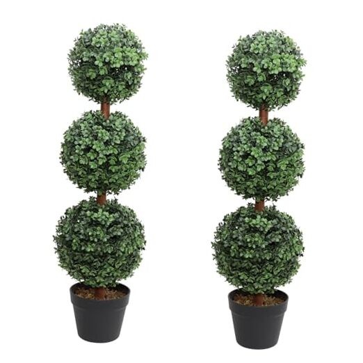 Artificial Topiary Ball Tree, 35inch Fake Topiaries Triple Ball Dark Green
