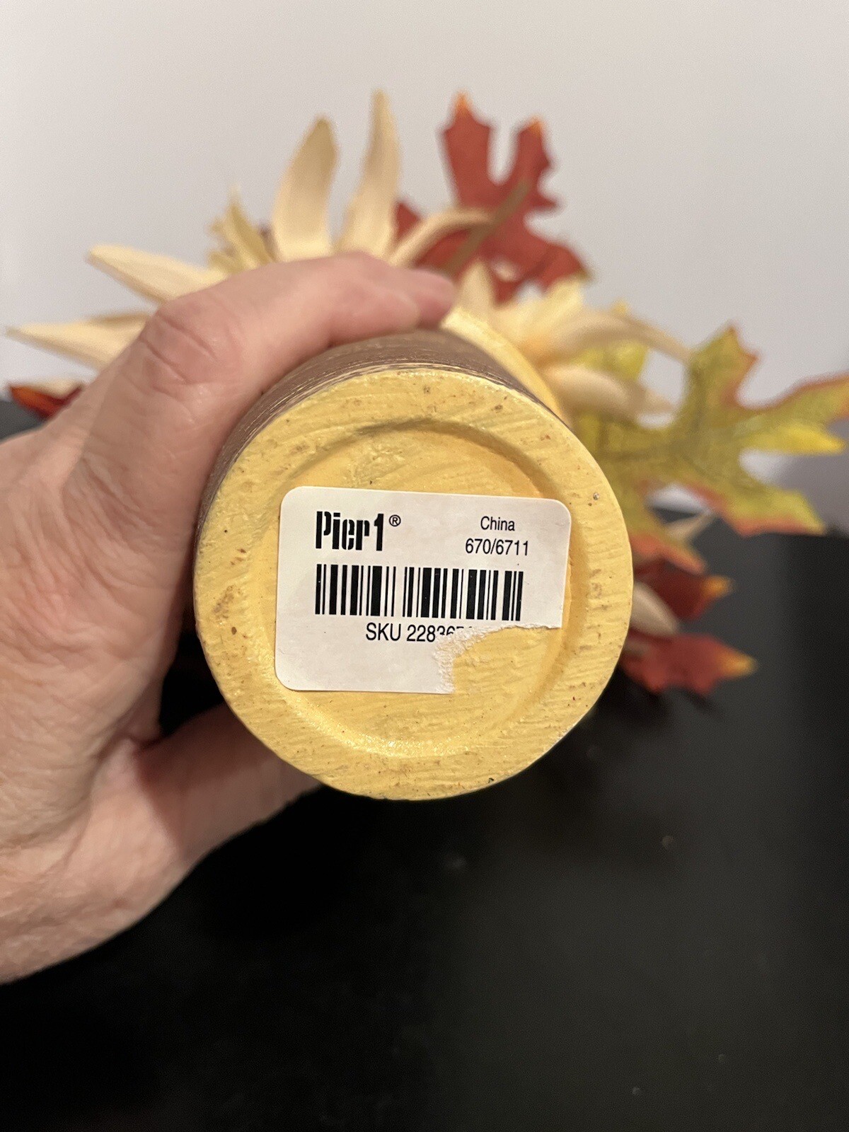Pier 1 Fall Mums & Leaves Faux Floral Arrangement Yellow/brown Pot 9” Tall