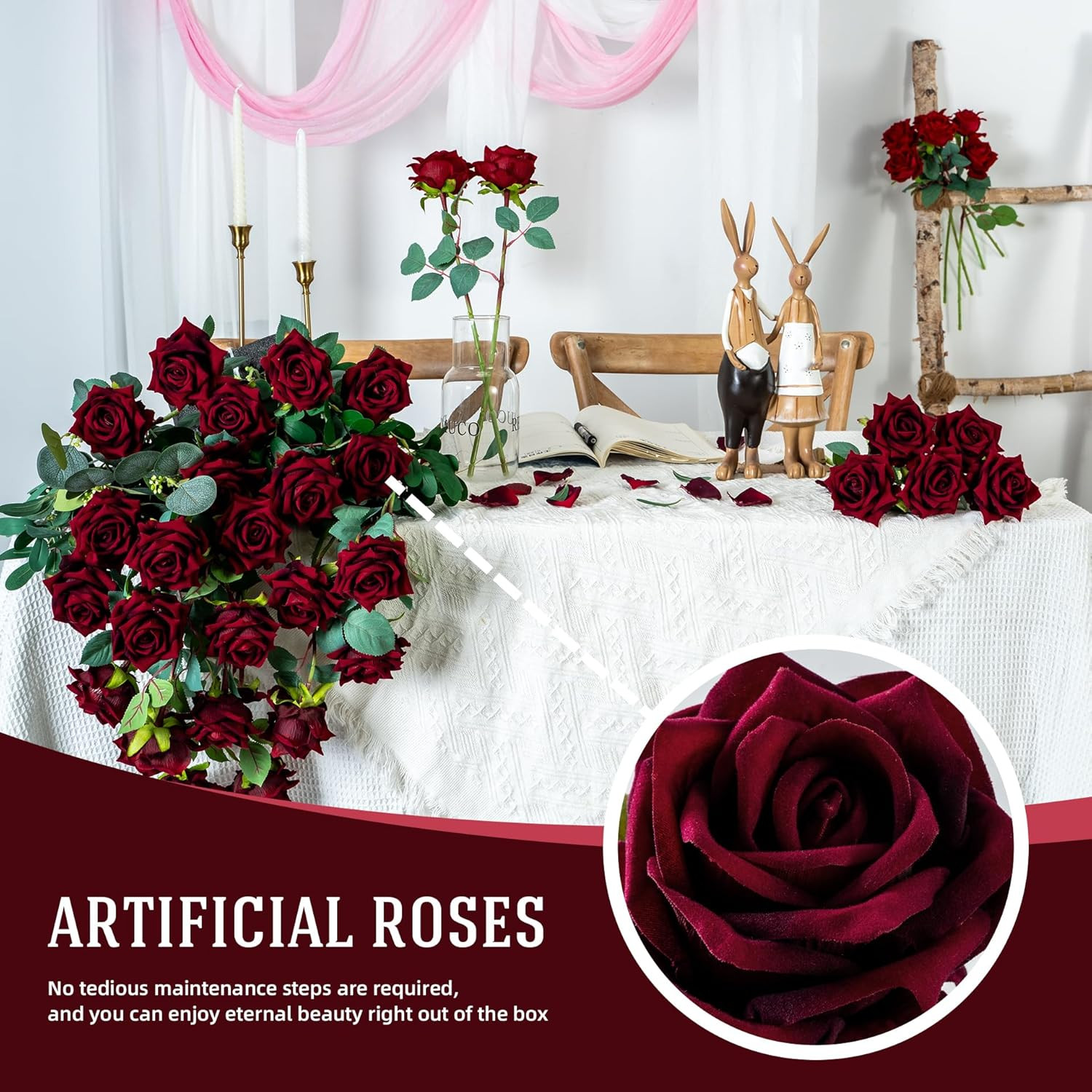 Realistic Black Red Silk Roses – 36Pcs Faux Flowers for Home & Wedding Decor