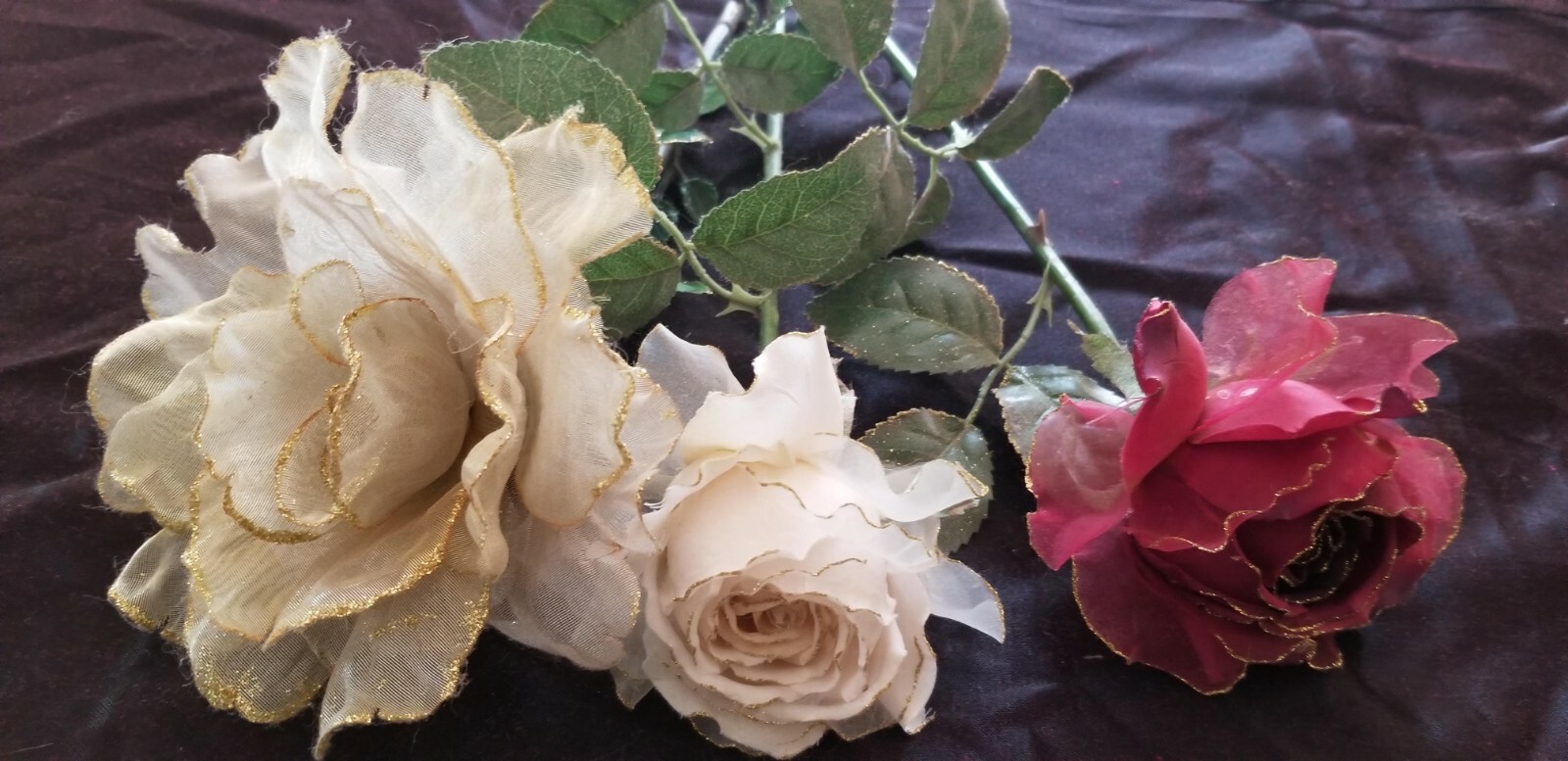 Retro look. Fake Artificial Gold, Red, Yellowish Silk Rose. Big head. Long stem