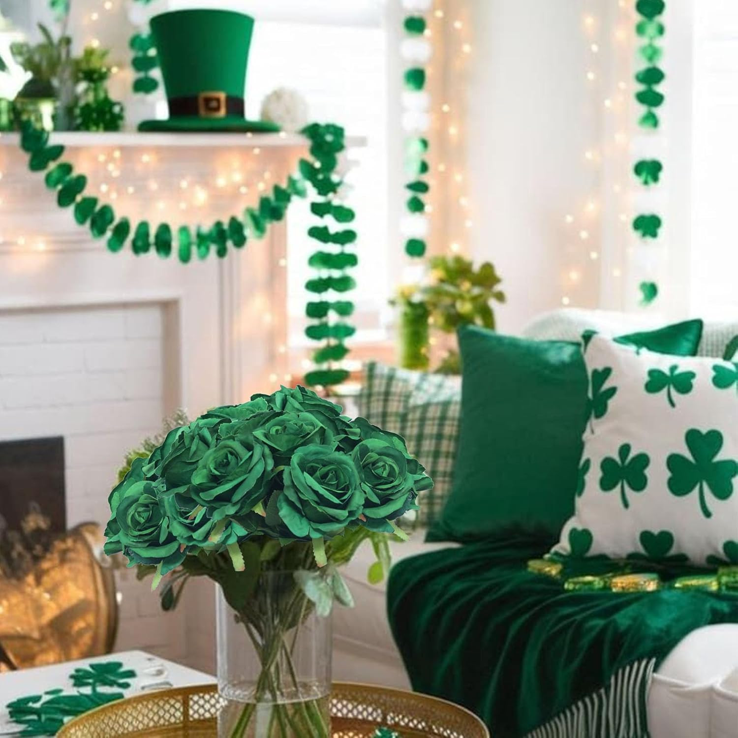 12 Pack Green Artificial Roses Emerald Green Flowers with Stems Silk Roses Fake