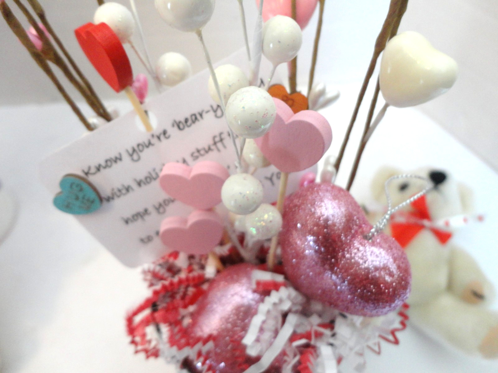 Valentine Small Table Floral Arrangement with Bear ( Handmade)