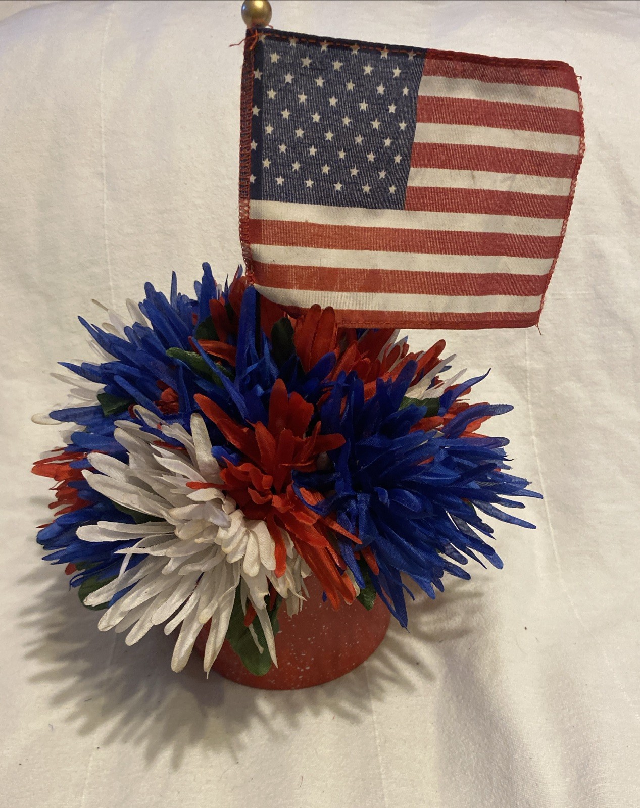 Patriotic Flowers Bouquet -America Red White & Blue & Flag In Enamel Pot