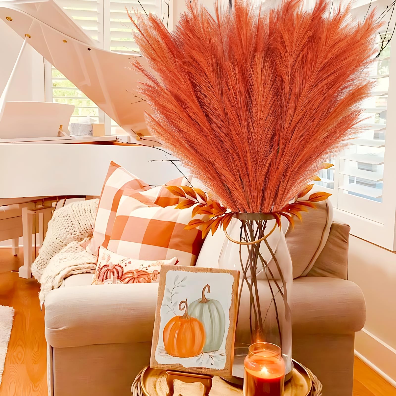 8pcs Orange Pampas Grass Tall, 35″ Fluffy Faux Colored Pompas Grass Artificia…