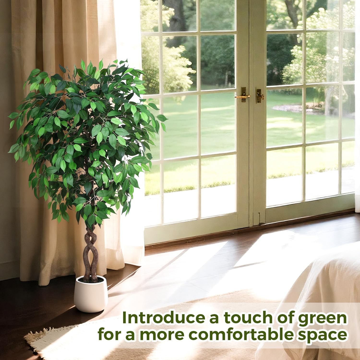 Jocoevol 5FT Artificial Ficus Tree, Tall Faux Trees Indoor White Planter, Dried