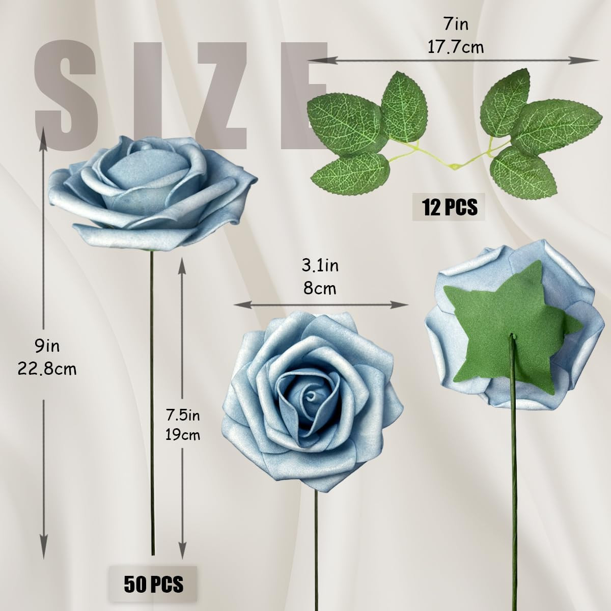 50PCS Light Blue Foam Artificial Roses with Stems & Leaves, Faux Wedding Bouquet