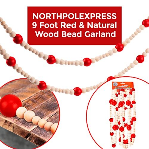 9 Foot Red & Natural Wood Bead Ball Christmas Garland | Wooden Christmas Tree