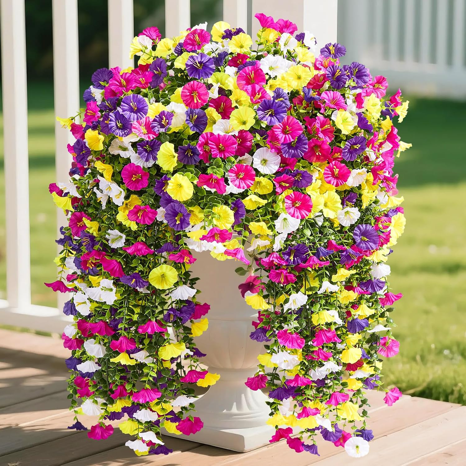 Artificial Hanging Flowers for Outdoors UV Resistant, 4PCS Faux Morning Glory Fa