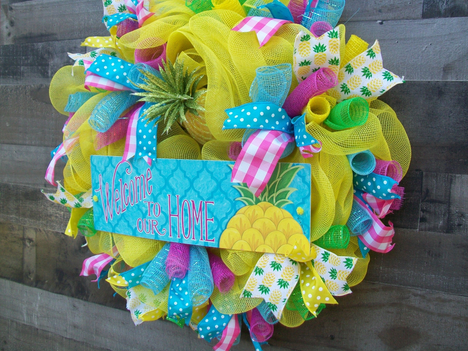 Bright Yellow Multicolored Spring Summer Whimsical Pineapple Mesh Wreath