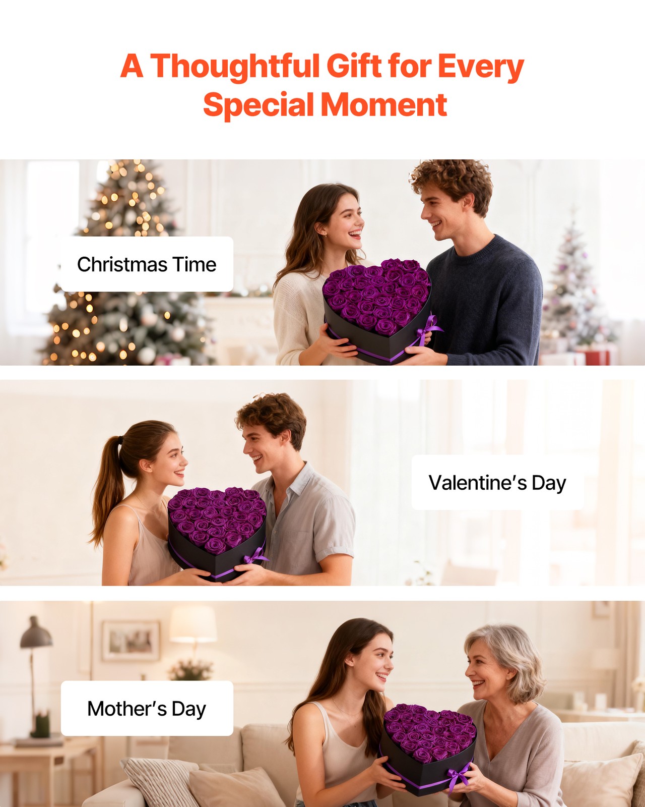 VEVOR Forever Flowers 27 Preserved Roses Heart Box Eternal Bouquet Purple