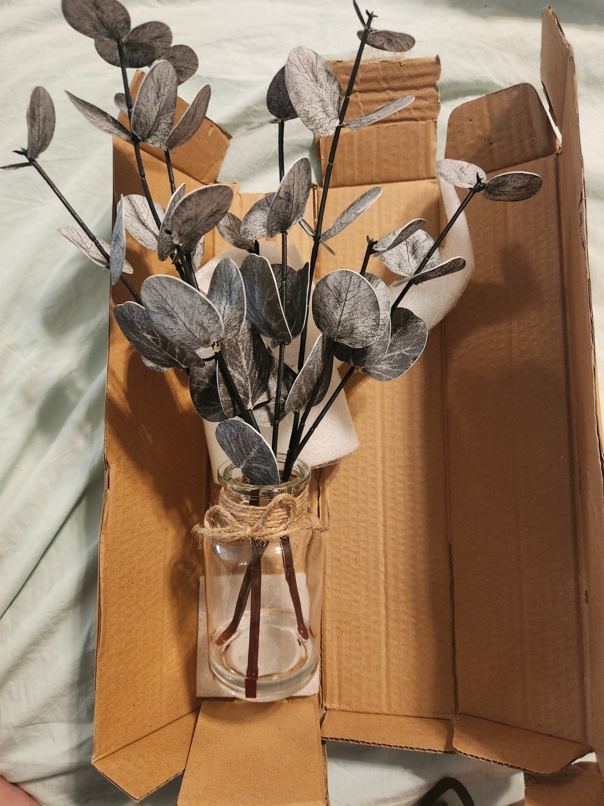 Artificial Eucalyptus Stems Glass Vase Faux Water 13.5 in Fake Plant Home Decor