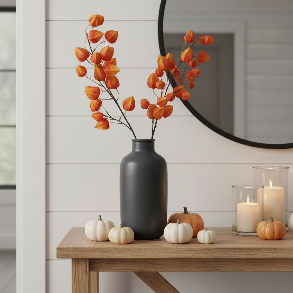 Artificial Orange Chinese Lantern Flower Stems Set of 2 Tall Faux Autumn Branche