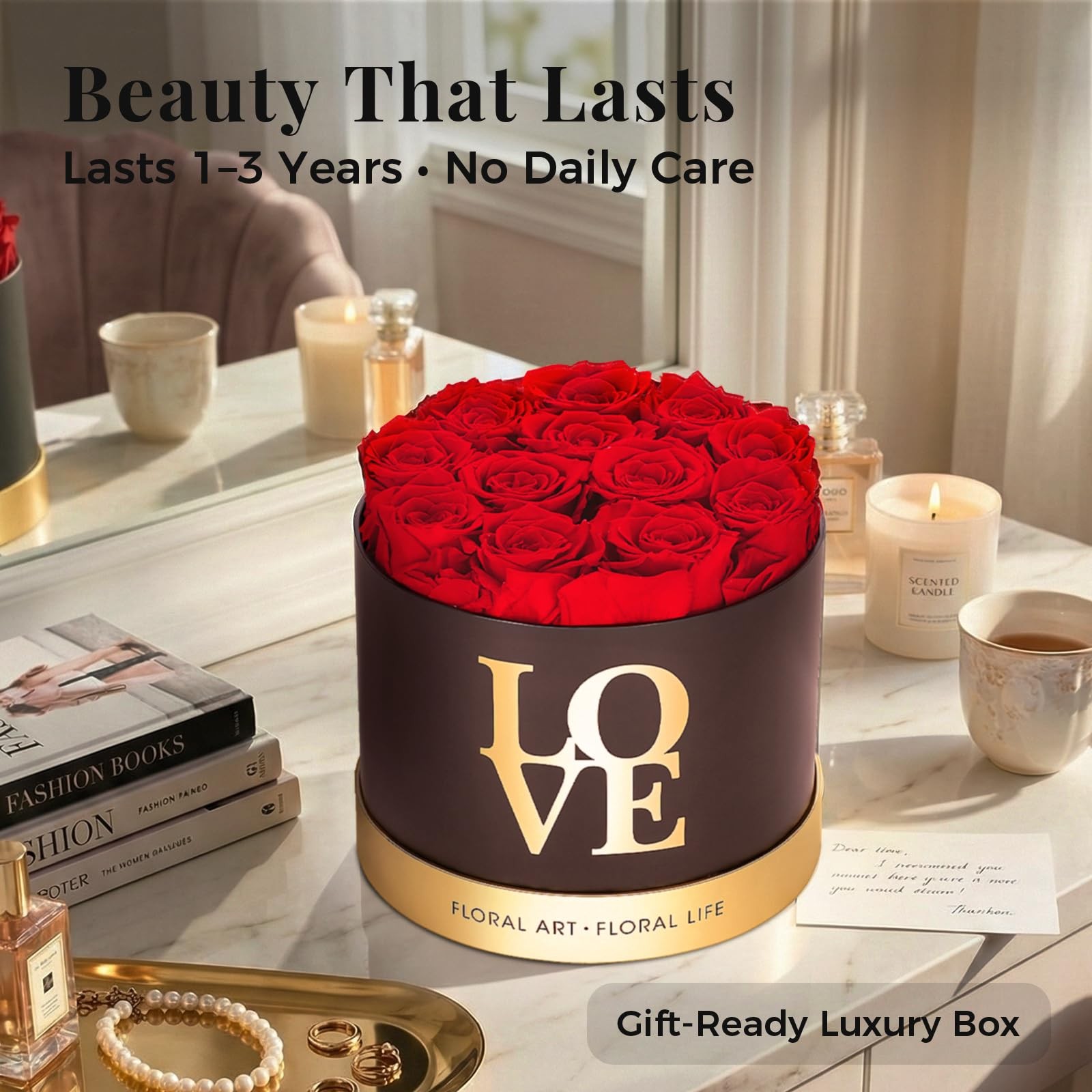 12 Preserved Roses in a Box Real Forever Flowers Luxury Round Gift Red