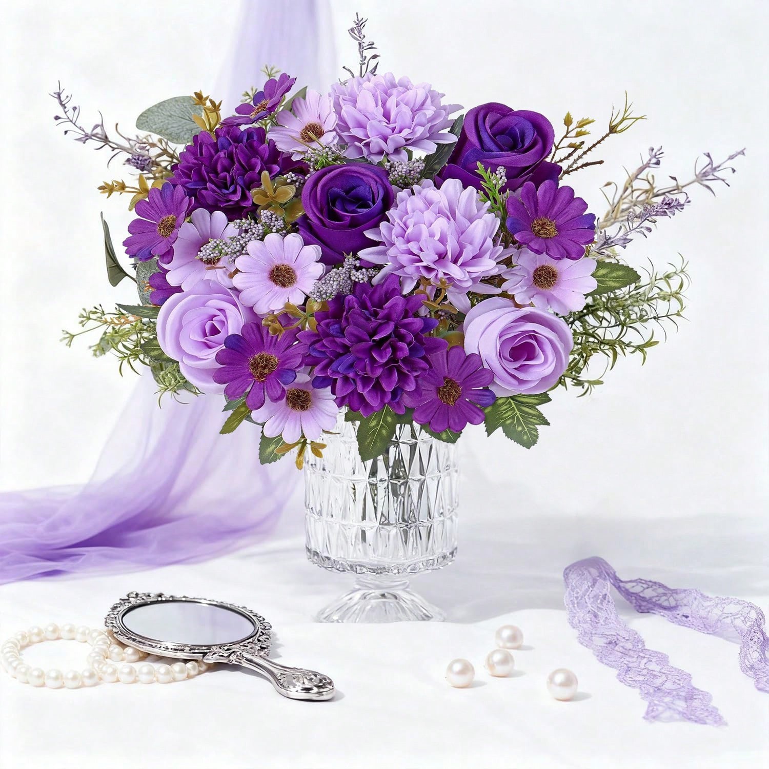 Purple Artificial Silk Flower Bouquet 3 Pieces For Wedding Home Decor