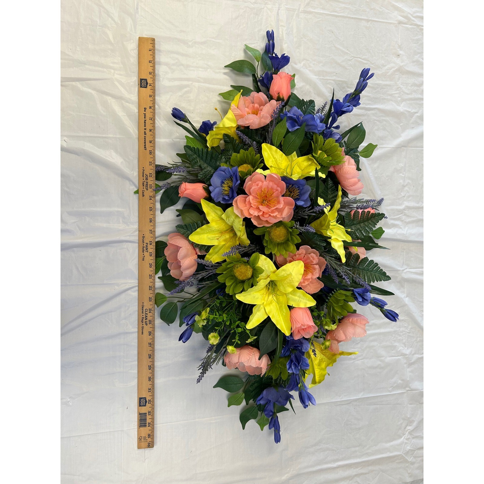 Large Artificial Floral Cemetery Spray Yellow Lily Coral Peony 36 Inch Swag