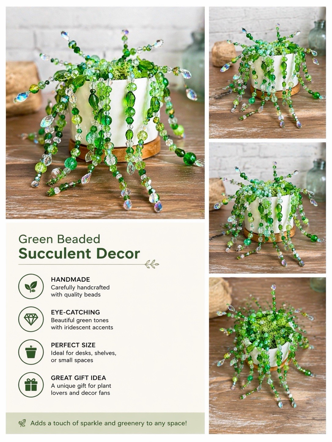 Handmade Beaded Succulent Decor – Sparkling Green Plant in Ceramic Pot