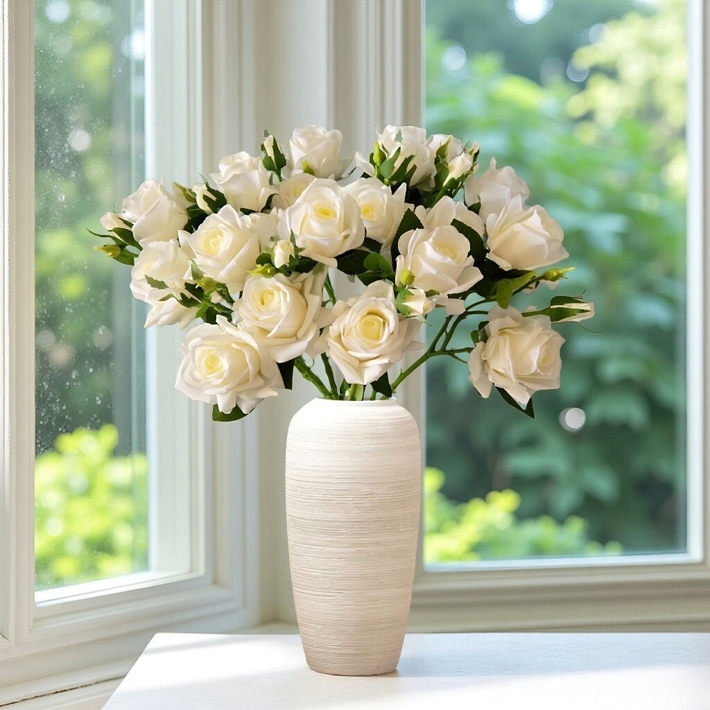 10pcs Artificial 3-Head Roses – Each Stem Features 2 Full Blooms and 1 Bud.Gift